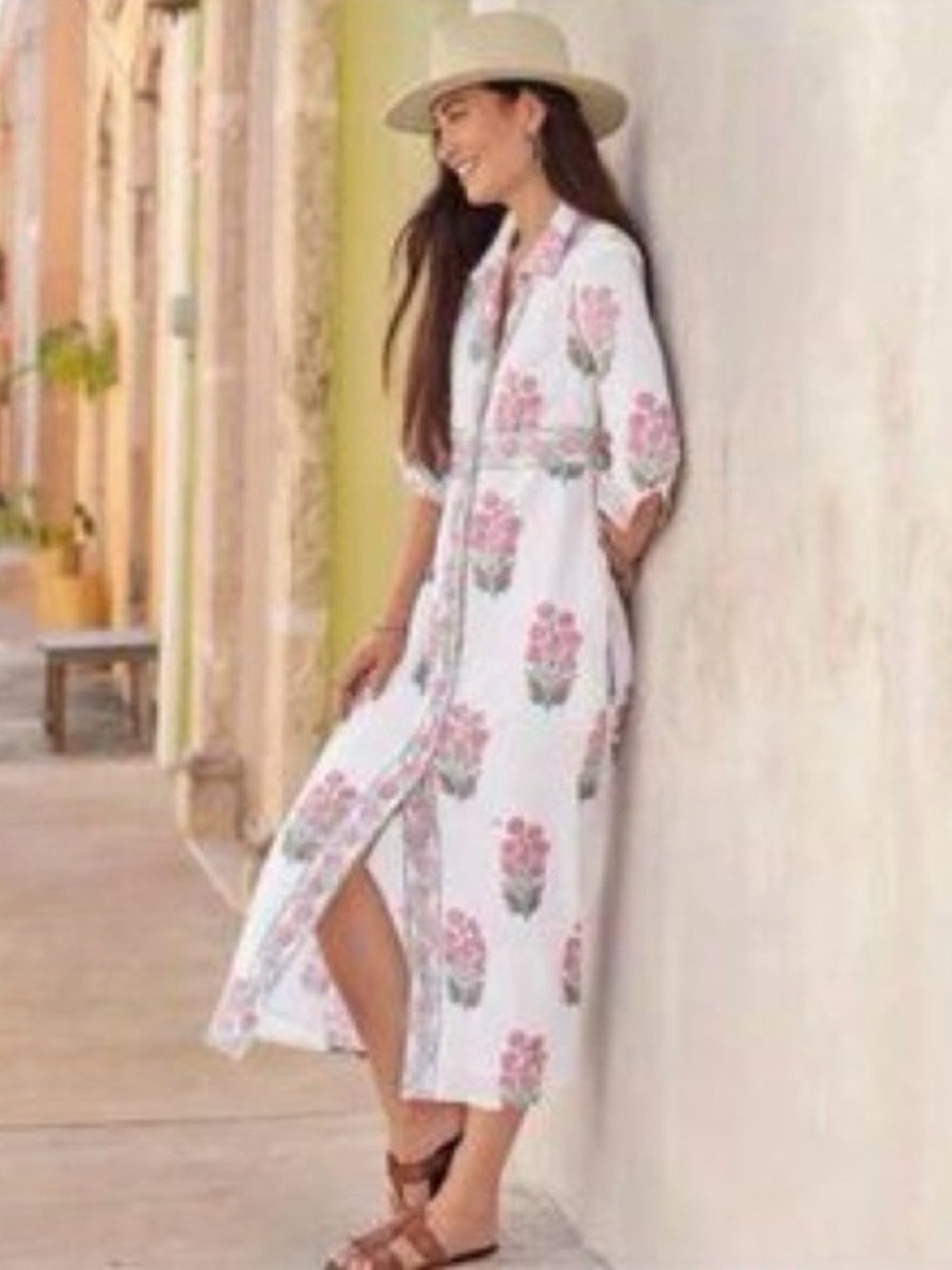 Oliphant Marigot Cotton White Dress with Blue and Red Floral Accents